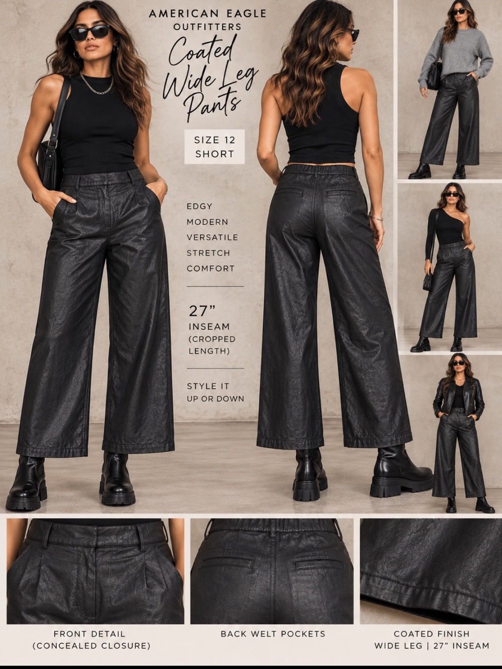 American Eagle Outfitters Black Coated Wide-Leg Pants Edgy Goth